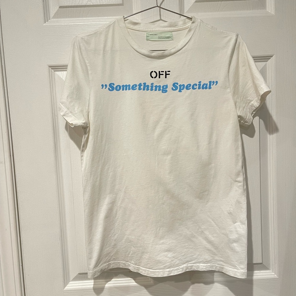 Off-White White Tee with Blue Text